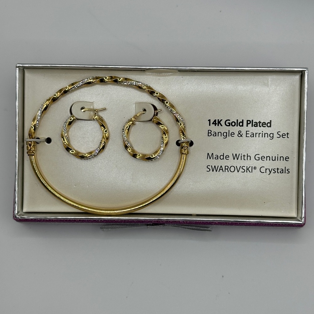 Swarovski 14K Gold-Plated Bangle and Hoop Earring Set with Silver-Tone Accents